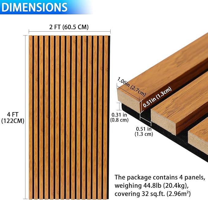 3D Slat Acoustic Wall Panels with Wood Finish Accent, 4 Pack Sound Absorbing Paneling for Studio, Office, Living Room, Bedroom Interior Decor (Natural Walnut, 48''L x 24''W)