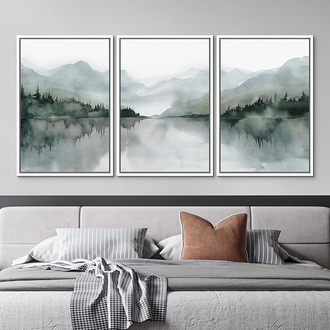 MUDECOR Framed Wall Art Print Set Misty Mountain Lake Watercolor Serene Illustrations Modern Art Boho Decorative Colorful Chic for Living Room, Bedroom, Office - 24"x36"x3 White