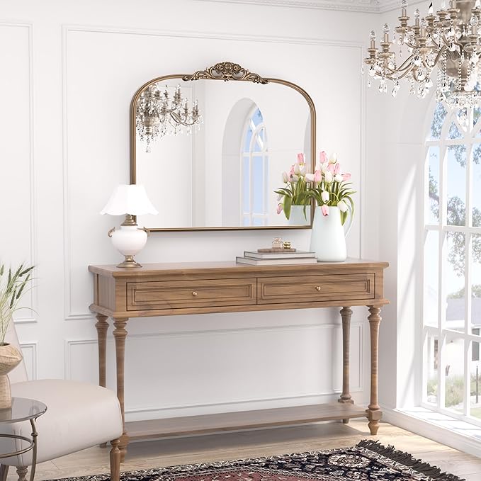 Keonjinn Gold Vintage Mirror for Wall, 36" x 30" Antique Arched Mirrors with Metal Frame, Baroque Style Decoration for Mantle, Bathroom, Living Room, Fireplace, Bedroom, French Cleat Mounting