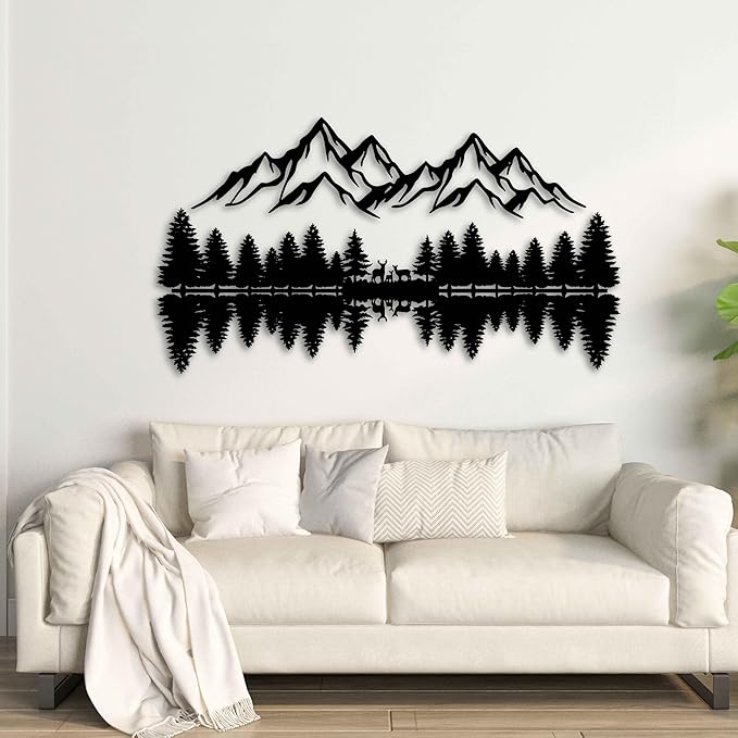 KAWA METALWORKS Mountain and Forest Wall Art Home Decor, Metal Pine Trees and Hill, Large Nature Decor, Mountain Landscape
