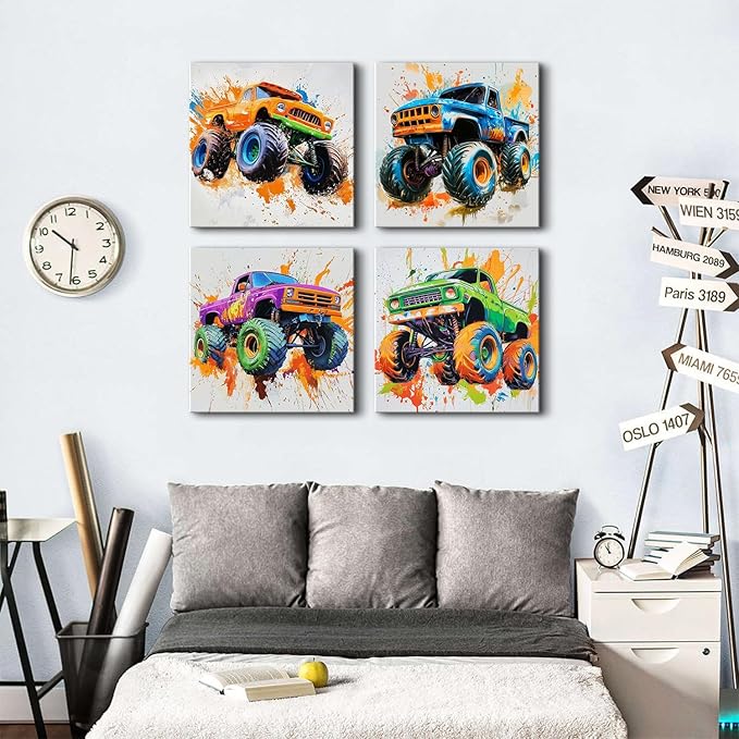 Monster Truck Canvas Wall Art Cool Watercolor Car Posters for Boys Room Modern Graffiti Truck Pictures Wall Decor Off-Road Vehicles Artwork Nursery Toddler Bathroom Bedroom Home Decoration 20x20" 4pcs