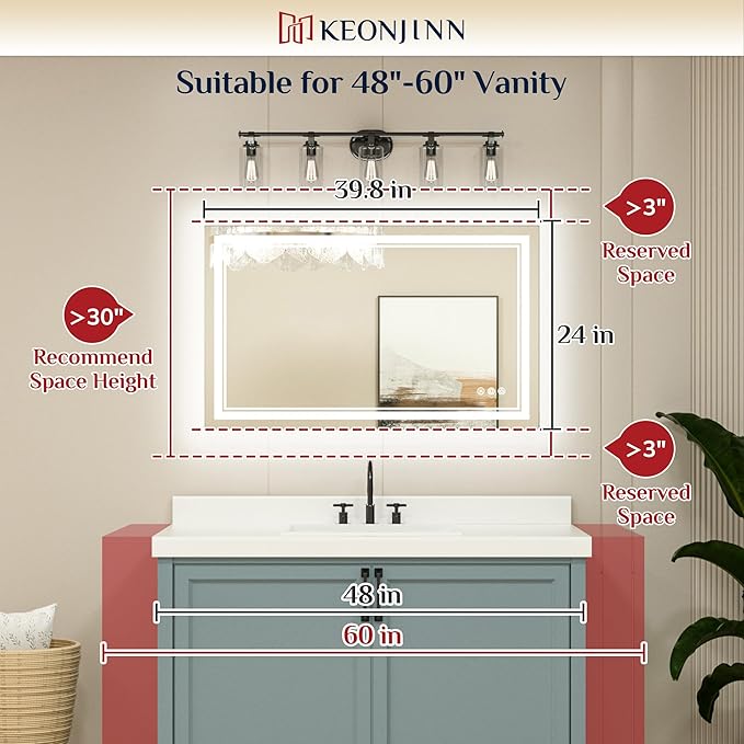 Keonjinn LED Bathroom Mirror 40” x 24” with Frontlit and Backlit, Stepless 3 Colors Temperature & Dimmable Vanity Mirror, UL Listed LED Driver, Double Light Strips, Tempered Glass Mirror with Lights