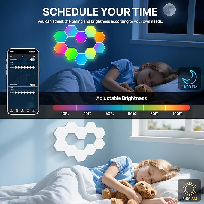 KORORO Hexagon LED Lights - 8 Pack Smart APP RGB Gaming Light with Remote Control & Music Sync Honeycomb Shape Hex Lights for Bedroom, Living Room Wall, Gaming Decor