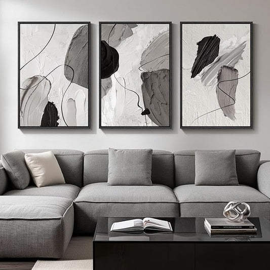 Large Framed Modern Abstract Wall Art for Living Room, 3 Piece Black White Gray Canvas Prints Paintings Artwork for Walls, Minimalist Abstract Pictures for Hallway, Stair, Office Wall Decor 24x36 In