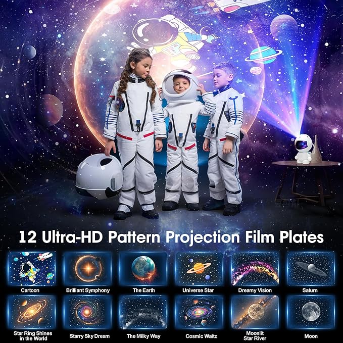 Astronaut Planetarium Projector for Bedroom, 12 Image Discs, Galaxy Projector Star Night Light, Ceiling Mood Lighting, LED Space Galaxy Lamp, Kids Adults Room Decor