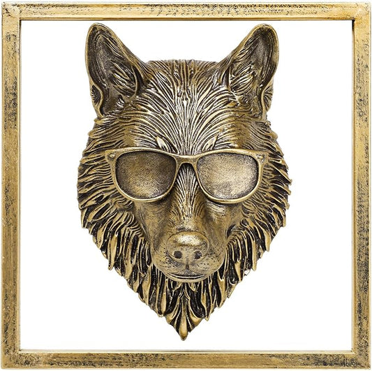 JJALIGHTS Animal Heads Wall Decor (Includes Metal Frame) Resin Animals Sculptures Head Wall Hanging Decoration Imitation Copper vintage Wall Sculpture for Living Room Bedroom Office (Wolf)