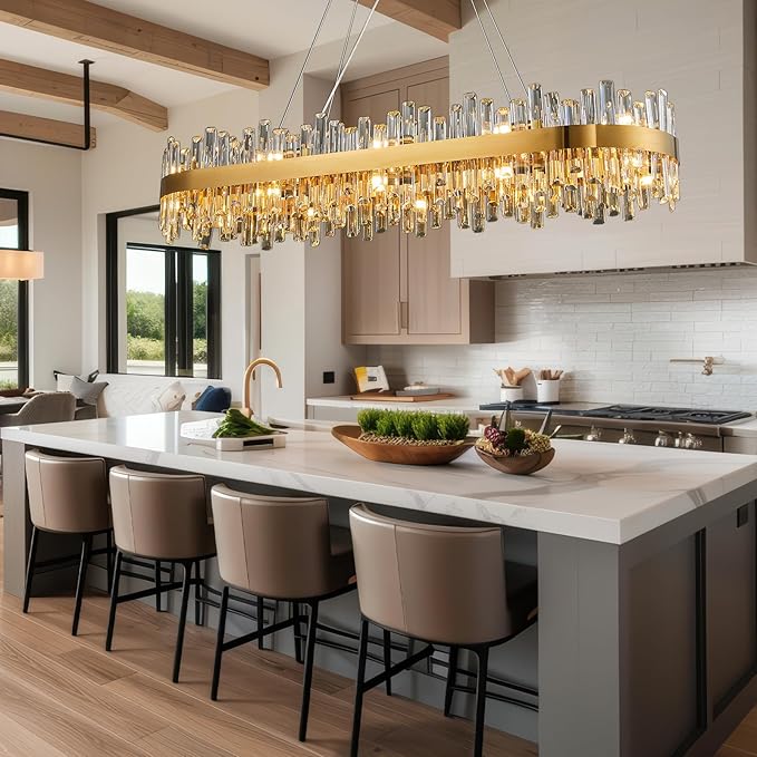 Modern Crystal Chandeliers, Luxury Gold Rectangle Light Fixture, 2-Tier Rectangular Brass Raindrop Chandelier for Dining Room, Oval Pendant Ceiling Light for Kitchen Island, L52''