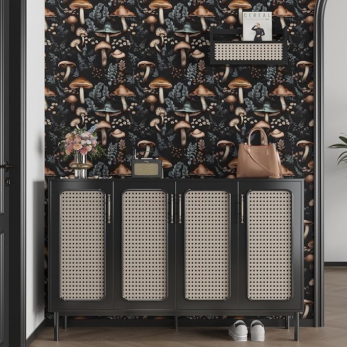 Mushroom Peel and Stick Wallpaper - Black Leaf Vintage Dark Flower Removable Wallpaper Self Adhesive for Cabinet Drawers - 17.5''x118.1''