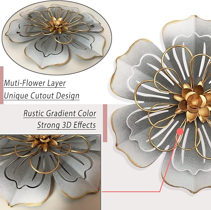 Metal Flower Wall Art Decor, 8.3" Rustic Modern Floral Sculpture, Distressed Iron Wall Hanging Home Decoration Accent Artworks for Indoor Kitchen Bedroom Living Room Office Outdoor Garden Patio - 06