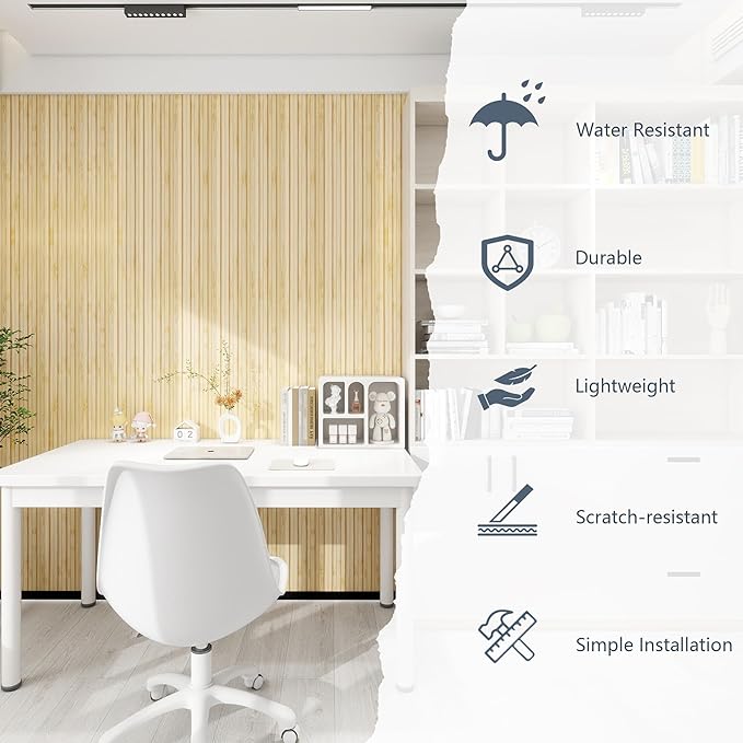 KASARO 3D Faux Wood Wall Panels - 16 Pack (47.2"x4.8") Fluted Slat Paneling for Walls & Ceilings, Adhesive or Nail Install, Waterproof Textured Decor - Living Room, Bedroom,Oak