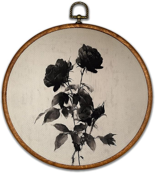 BCUANGD Vintage Flower Round Wall Art Decor - Rustic Retro Floral Botanical Wall Art Canvas Frame Artwork Prints, Black Mid Century Modern Round Wall Hanging Decorations for Home Gallery, 10"x10"