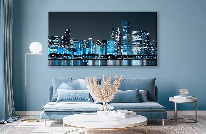 NAN Wind Modern Office Decor Chicago Skyline Canvas Art Chicago City Center Skyline Canvas Prints Cityscape Wall Decorations Blue Wall Decor for Living Room Pictures for Bedroom Decorations