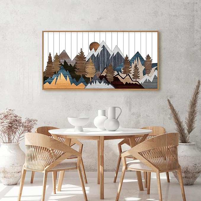 CHDITB Framed Wood Mountain Wall Art, 20"x40" Large Country Woodcut Style Wall Decor, Rustic Forest Nature Wall Painting, Modern Canvas Art Prints for Living Room, Bedroom, Farmhouse, Office