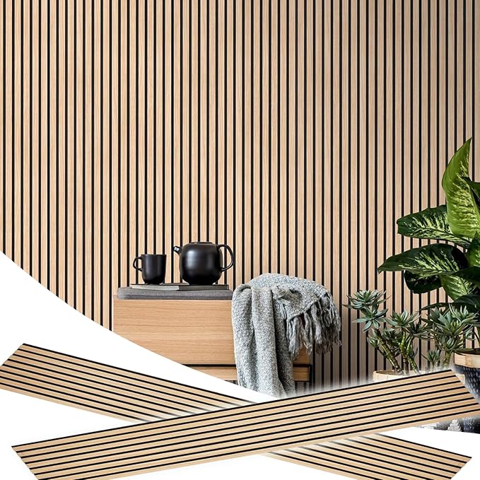 2 Piece Wood Slat Acoustic Panels for Stylish Decor and Noise Reduction, 3D Textured Panel for Ceiling and Wall - White Oak (94.5 L x 12.6 W in)
