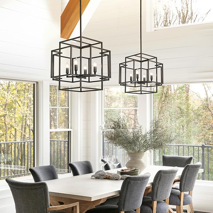 4-Light Farmhouse Chandelier, Industrial Ceiling Foyer Lighting Fixtures Black Lantern Pendant Light, for Dining Room Kitchen Island Entryway Staircase