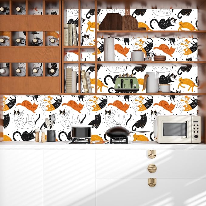 Cat Peel and Stick Wallpaper Boho Leaf Contact Paper Cute Animal Removable Self Adhesive Waterproof Wall Paper for Cabinet Drawers Wall Decor Renter Friendly 17.5''x118''