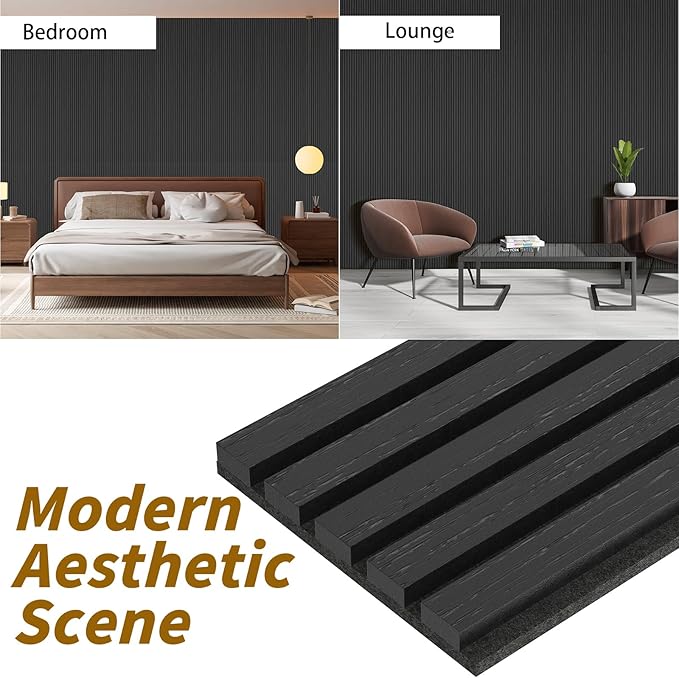 4-Piece Acoustic Wood Wall Panels for Wall and Ceiling, 3D Fluted Soundproof Wood Slat Wall Panels for Interior Wall Decor, 94.5" x 7.9"-Black