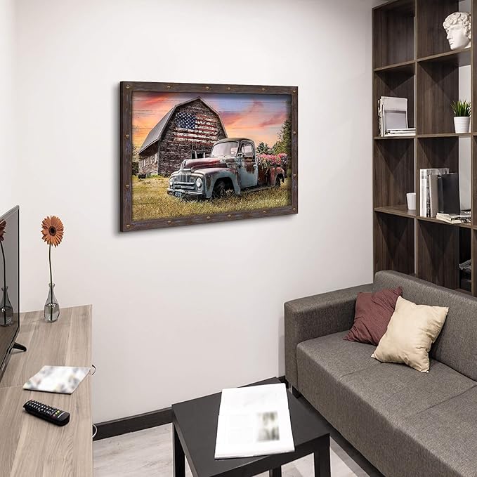 Country Barn Wooden Wall Art: Large Rural Old Car Landscape Framed Artwork Farmhouse Blue Truck Picture Large Rustic Countryside Scenery Office Painting Print for Living Room Bedroom
