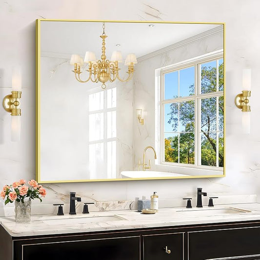 KOCUUY Large Gold Bathroom Mirror, 48x40 Inch Rectangular Mirror for Bathroom Sink, Oversized Wall Mirror with Metal Gold Frame for Living Room, Farmhouse, Entryway, Hang Horizontal/Vertical