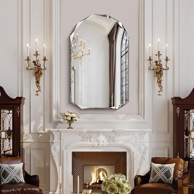 KOCUUY 30"x48" Frameless Mirror, Arched Shape with Diamond-Shaped Beveled Edge,Unframed Decorative with Upgraded Shatterproof Glass,Unique Frameless Mirror for Bathroom,Living Room,Bedroom