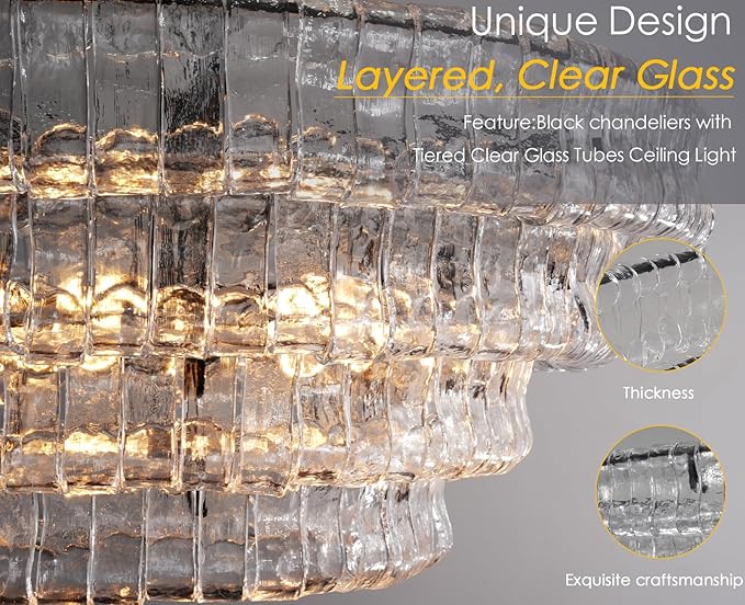 Clear Glass 36 inch Round Chandelier for Dining Room, Modern Drum Black Pendant Light Fixture with Crystal Glass Bubbles, Large Ceiling Light