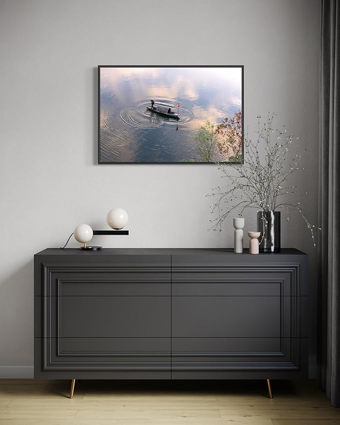 Oriental Beauty: Stunning Feng Shui Landscape Wall Art Prints for Home Decor in 3 Sizes (Silent Waters: Traditional Boatman at Dawn, 24" x 36")