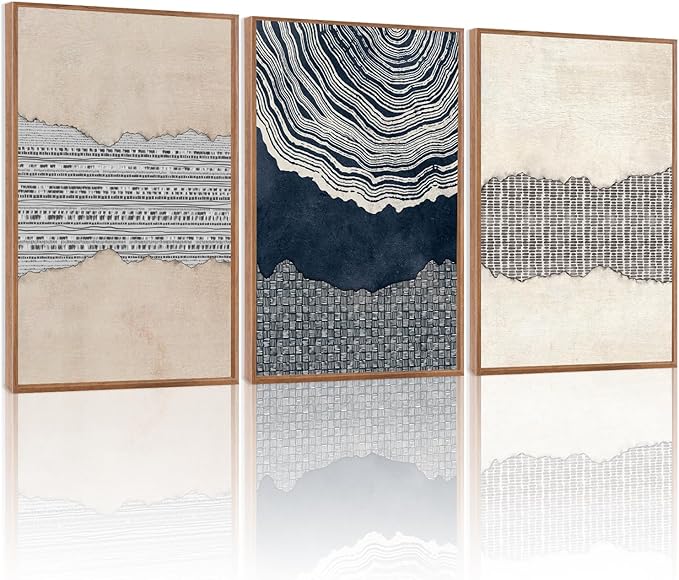 LHIUEM Coastal Chic Decor Blue Abstract Shapes Framed Canvas Wall Art Set of 3(12”X16”)Modern Tree Rings Wall Decoration Fireplace Grey Blue Decor Navy Blue Beige Brown Canvas Wall Art for Home Office