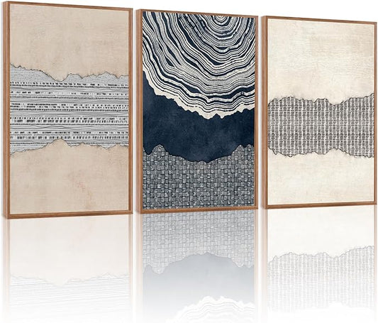 LHIUEM Coastal Chic Decor Blue Abstract Shapes Framed Canvas Wall Art Set of 3(12”X16”)Modern Tree Rings Wall Decoration Fireplace Grey Blue Decor Navy Blue Beige Brown Canvas Wall Art for Home Office