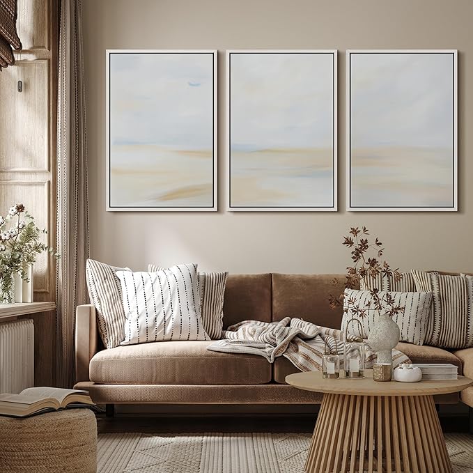 MUDECOR Framed Wall Art Print Set Minimalist Coastal Horizon in Soft Blue and Sand Colors Illustrations Modern Art Boho Decorative Chic for Living Room, Bedroom, Office - 24"x36"x3 White