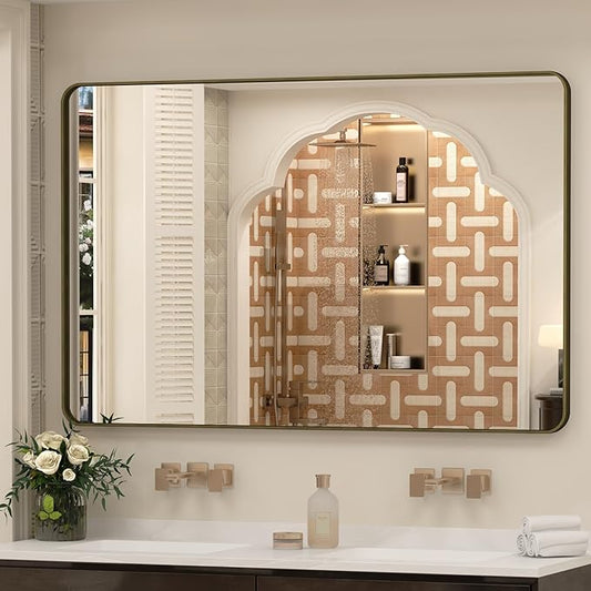 55x36 Bronze Framed Bathroom Mirror, Rectangle Brushed Bronze Metal Vanity Mirror, Large Modern Mirror for Wall, Rounded Corner, Tempered Glass, Anti-Rust, Shatterproof (Horizontal/Vertical)