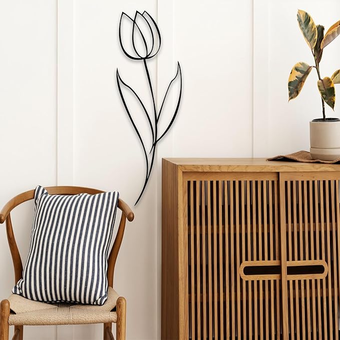 Minimalist Floral Metal Wall Art, Modern Tulip Design for Home Decor, Metal Flower Wall Sculpture for Living Room, Bedroom, or Office (18x6 inches)