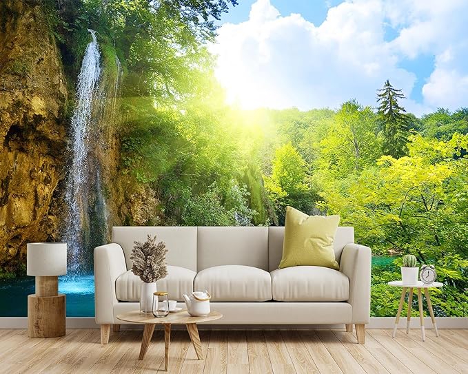 -Green Lake Waterfall Scenery Fabric Wallpaper Living Room Woodland Forest Mountain Bedroom Bathroom Large Wall Mural- 137"x96"（ not Peel and Stick）