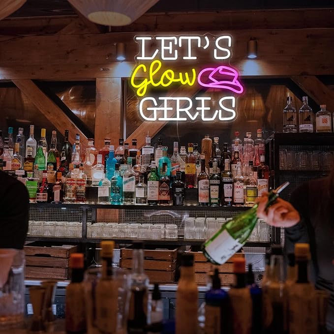 Let’s Glow Girls Neon Sign for Wall Decor 16.5‘’*12.2‘’ Light Up Sign Powered by USB Dimmable Led Cowboy Hat Neon Light for Girls Room Bedroom Party Wedding Gifts (White Yellow Pink)