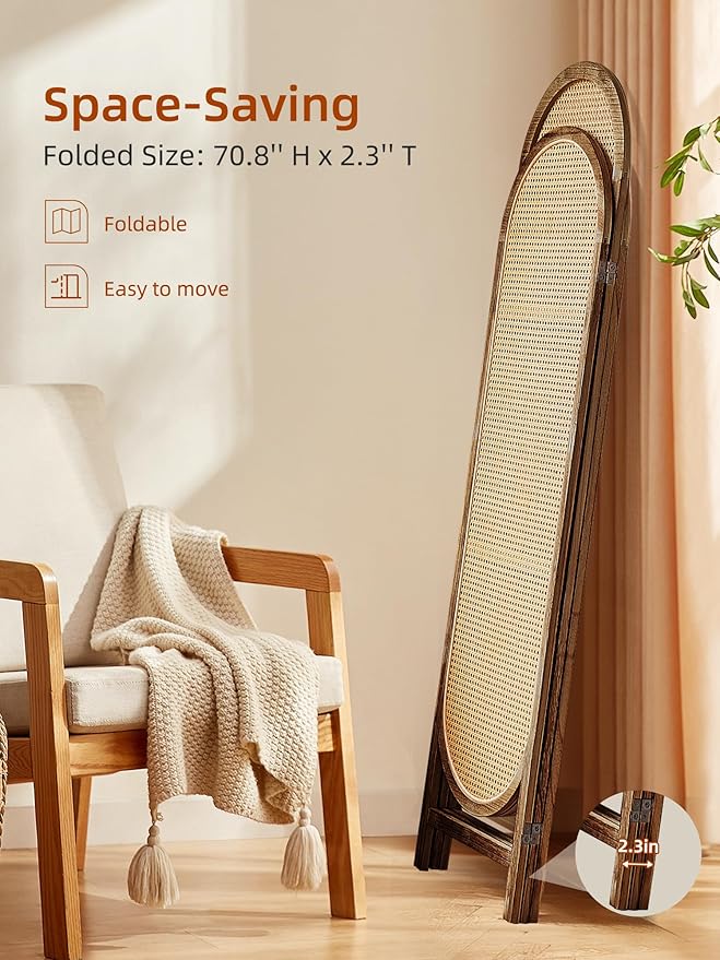 3 Panel Hand-Woven Rattan Room Dividers and Folding Privacy Screens with Bi-Directional Hinge, Pre-Assembled Partition Room Dividers for Home Office Bedroom, Dark Brown