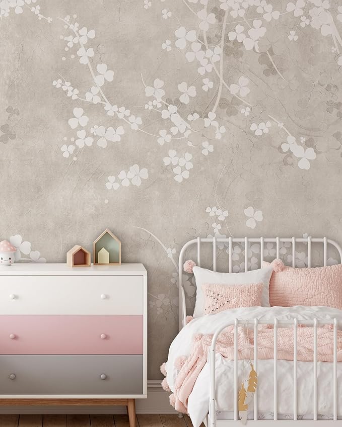 Blooming Sakura Mural | Removable Self Adhesive Pastel Leaves Wallpaper | Girl Nursery Room Peel and Stick Wall Decor (1 roll 24" W x 120" H)