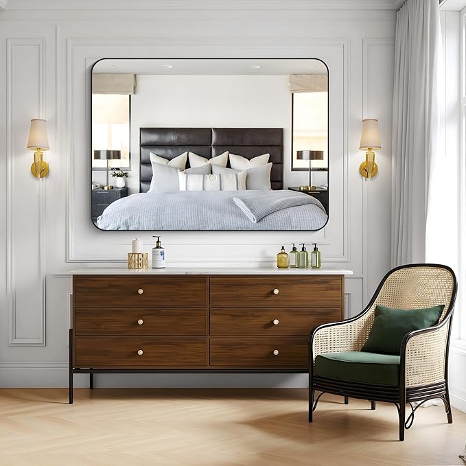 KOCUUY Black Bathroom Mirror 55"x40", Large Vanity Mirror with Rounded Corner, Metal Black Frame with Mordern Design for Bathroom, Living Room, Entryway, Hang Horizontal/Vertical