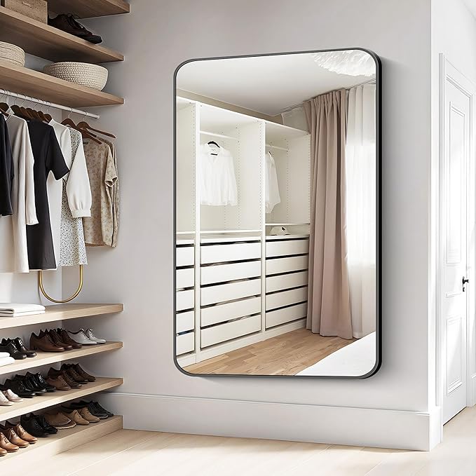 KOCUUY Black Bathroom Mirror 60"x40", Large Vanity Mirror with Rounded Corner, Metal Black Frame with Mordern Design for Bathroom, Living Room, Entryway, Hang Horizontal/Vertical