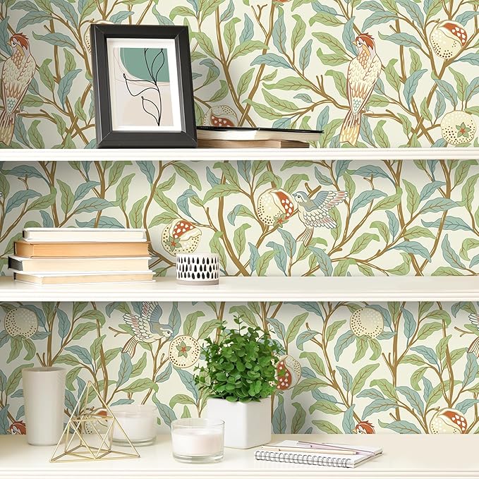 Livelynine 17.5x276 William Morris Green Peel and Stick Wallpaper Vintage Floral Birds Owl & Willow Boughs Fruit Self Adhesive Wallpaper Removable Blue Cream Green Botanical Contact Paper Shelf Liner