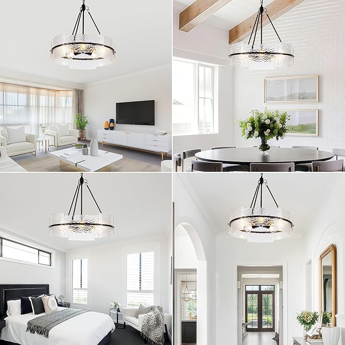 MAYNA Modern Dining Room Chandelier 22.2” Black Textured Glass Chandelier Luxury Drum Crystal Light Fixture Farmhouse Round Hanging Lighting for Dining Room Kitchen Island Living Room Hallway Bedroom