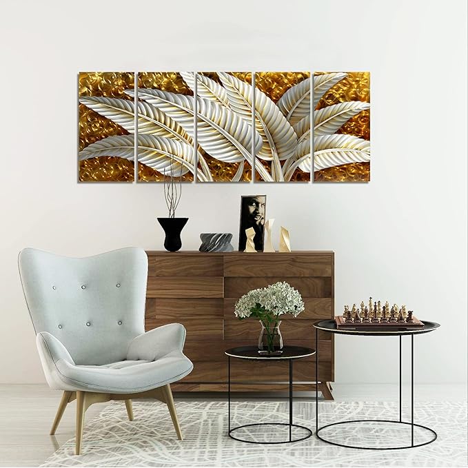 BATRENDY ARTS Silver Banana Leaves Metal Wall Art Decor Rustic Golden Aluminium Artwork Sculpture 5-panel Hand Polished Decorative Hangings for Livingroom Bedroom