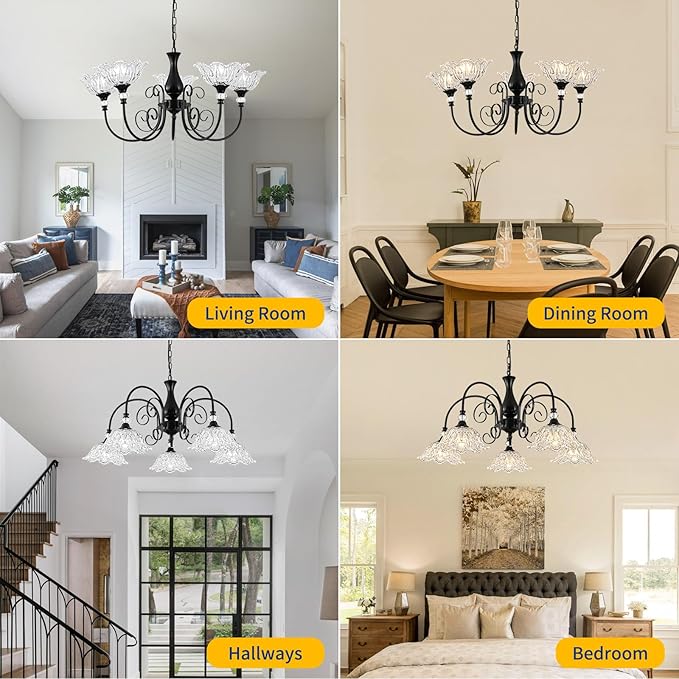 5-Light Chandeliers in Matte Black Finish with Crystal Glass Shades, Farmhouse Chandelier Light for Dining Room,Hallway,Kitchen