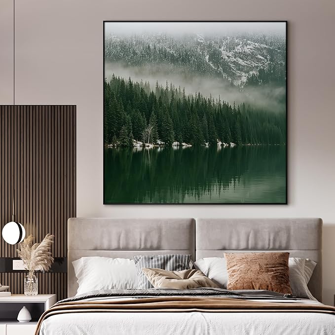 60"x60" XL Framed Wall Art - Misty Forest Landscape Green Pine Trees (Frame Assembly Required)