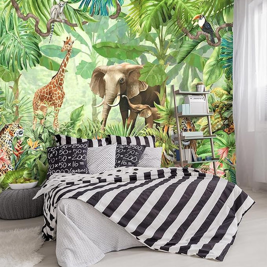 -Green Rainforest Plants Animals Tiger Cloth Wallpaper Jungle Plants Banana Leaves Boys Girls Kindergarten Children's Room Large Mural- 91"x65"（ not Peel and Stick）