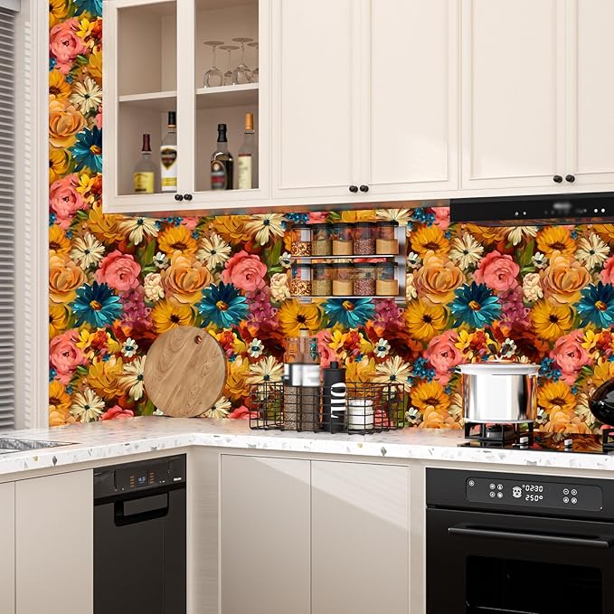 Boho Pink Floral Peel and Stick Wallpaper 17.5" x 393" Orange Flower Contact Wall Paper Vintage Colorful Art Wall Mural Vinyl for Bedroom Bathroom Cabinet Waterproof Self Adhesive Removable Renter