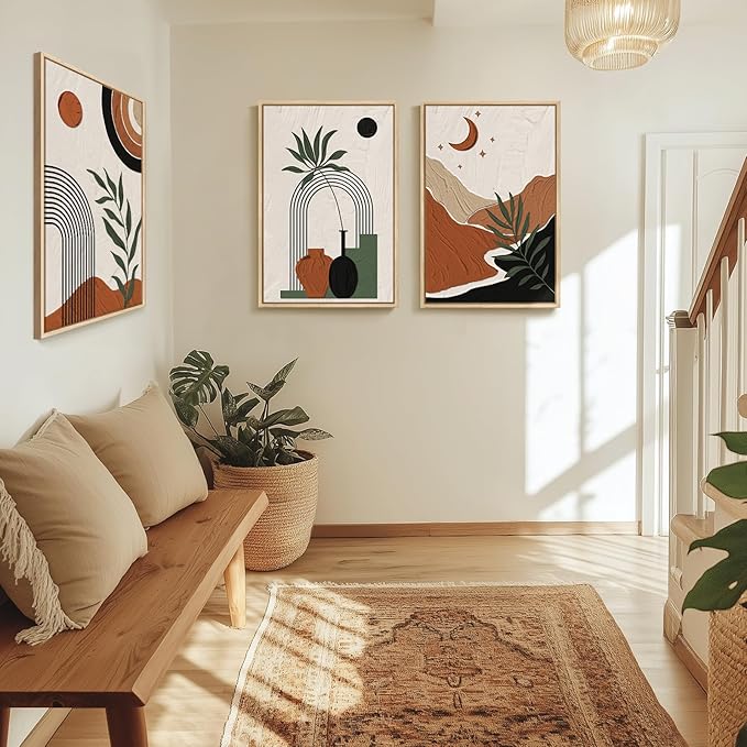Boho Framed Canvas Wall Art, 3 Pieces Beige Black Orange Abstract Geometric Prints, Boho Wall Hanging Pictures for Living Room, Hallway, Office - Total 30x60 Inch