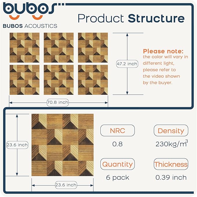 BUBOS Large Acoustic Panels,6 Pack Wood-Pattern Printing Soundproof Wall Panels, Total Size 70.8 x 47.2 Inches Self-Adhesive Decorative Sound Absorbing Panels for Studio, Home,3D Wide Chevron