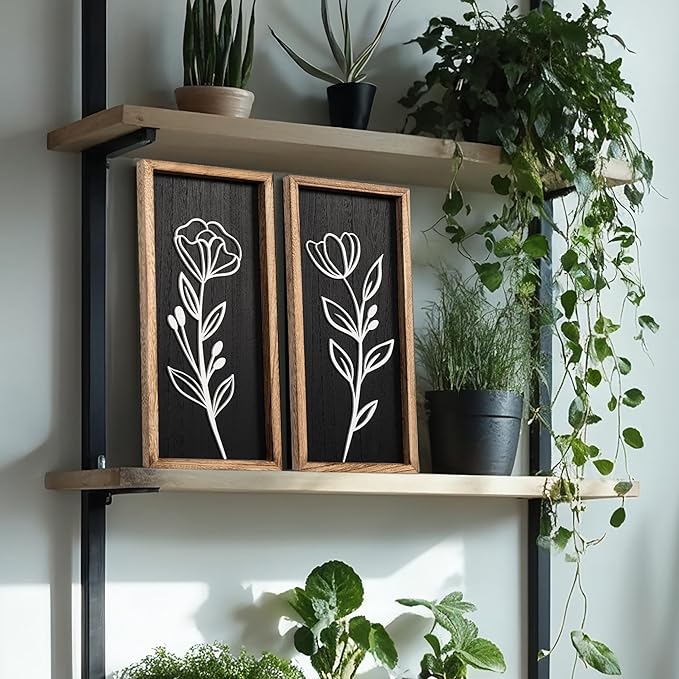 3D Vintage Black Living Room Decor (Set of 2) Lightweight, Wooden Ready-to-Hang Framed Moody Floral Wall Art for Bathroom, Bedroom or Office - Dark Textured Boho Farmhouse Wall Decor - Gift-Boxed