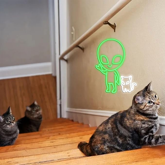Alien Cat Neon Sign Dimmable Weird Alien Neon Light Wall Decor 5V USB Powered Cute Cat LED Light Sign for Bedroom Living Room Game Room Man Cave Bar Party Cafe Boys Girls Gift(16.5 * 12.6In)