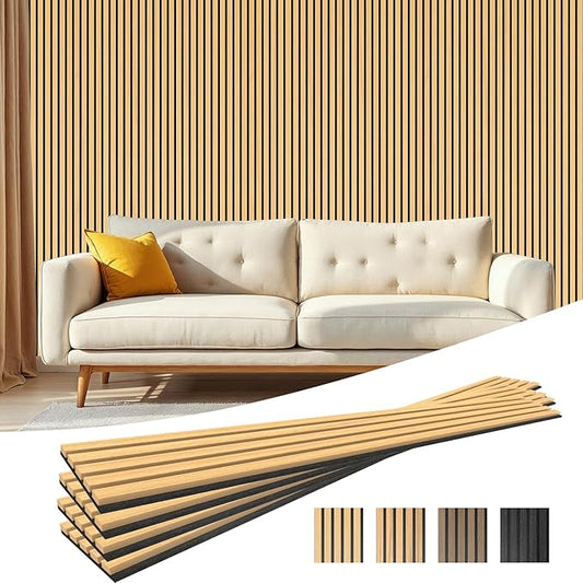 4-Piece Acoustic Wood Wall Panels for Wall and Ceiling, 3D Fluted Soundproof Wood Slat Wall Panels for Interior Wall Decor, 94.5" x 7.9"-Light Walnut