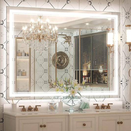 Keonjinn LED Bathroom Mirror 48 x 36 in with Backlit and Front Lights, Stepless 3 Colors Temperature & Dimmable Wall Mirror, UL Listed LED Driver, Tempered Glass Double Lighted Bathroom Vanity Mirror